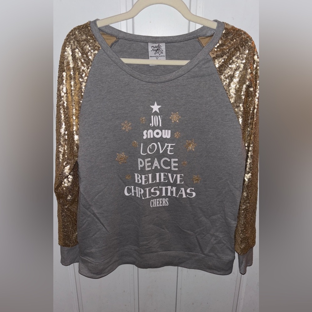Made Right Sequence Festive Gray and Gold Women's Sweater Jrs. (Women’s med/lg)